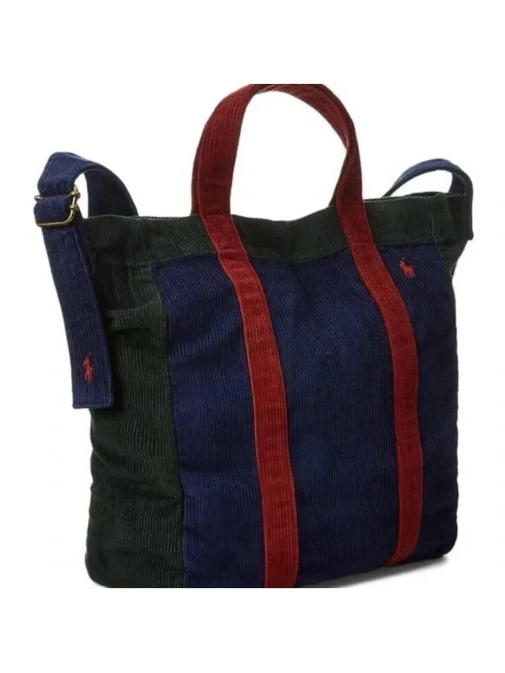 Polo Ralph Lauren Colorblock Corduroy Tote Crossbody bookbag Navy Green Red Tote - Picture 7 of 11